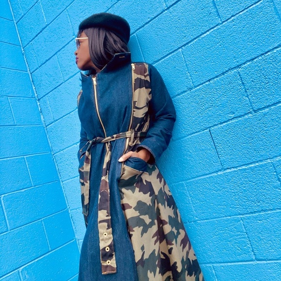 Blue denim and camouflage trench coat with removable panel - Picture 11 of 11